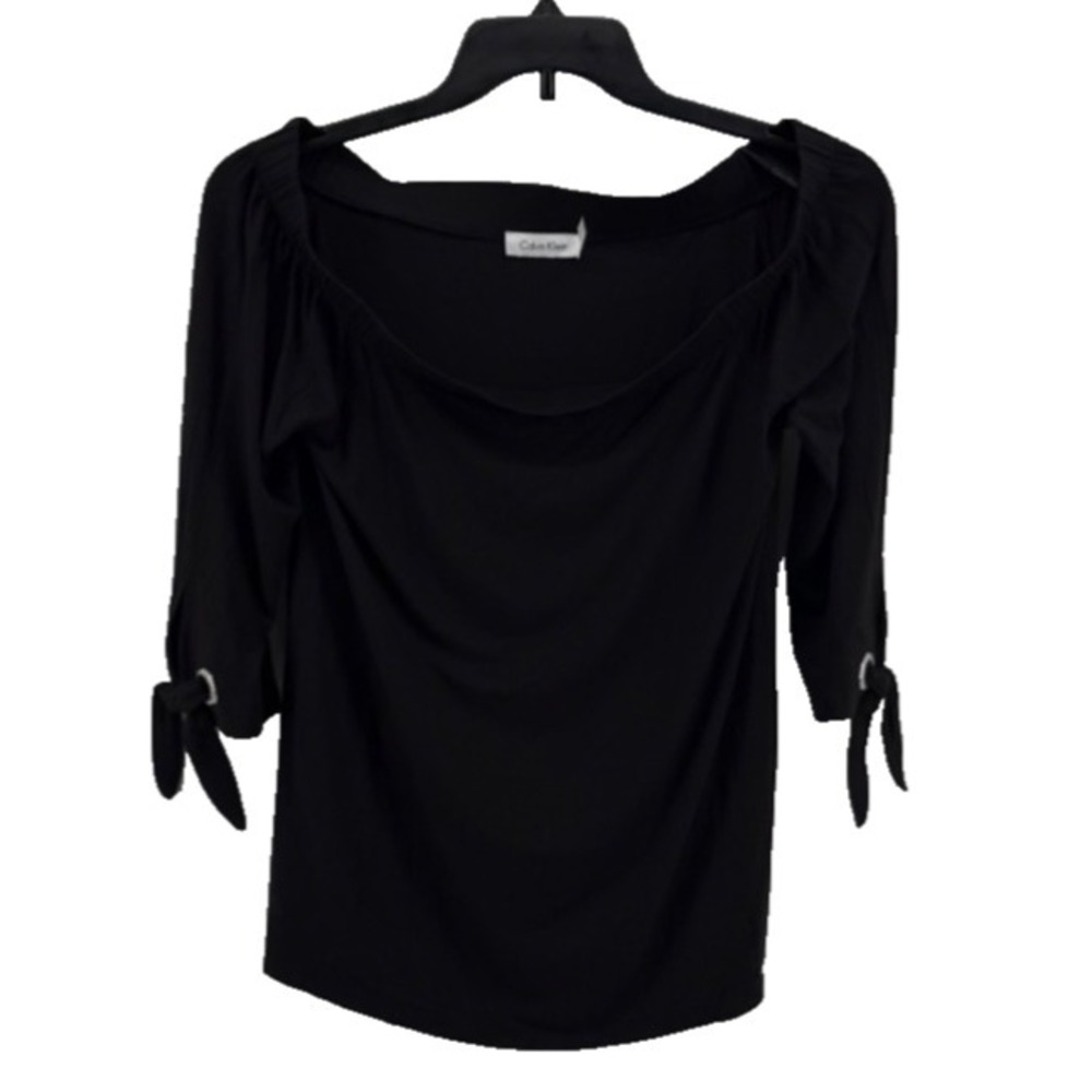 Calvin Klein NWT Women's Black Ruched Tie Sleeve Off Shoulder Top Size S